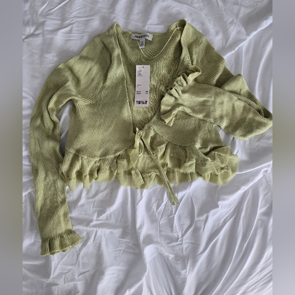 urban outfitters green ruffle bow long sleeve blouse top, size large NWT